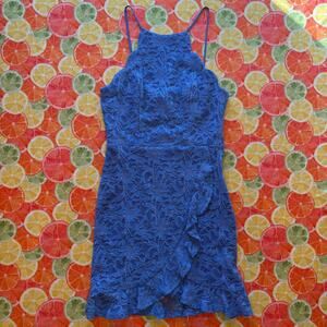 City Studio Blue Floral Lace High Neck Bodycon Mini Dress Lace Up Back 7